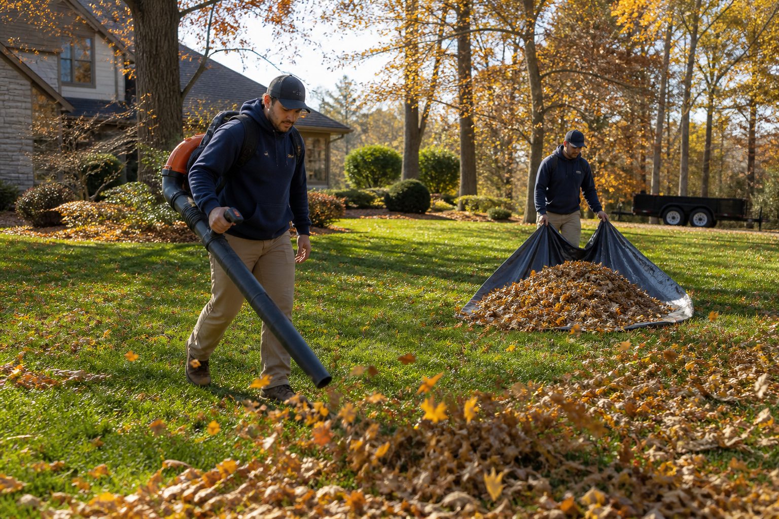 A crew clearing fall leaves from a residential lawn