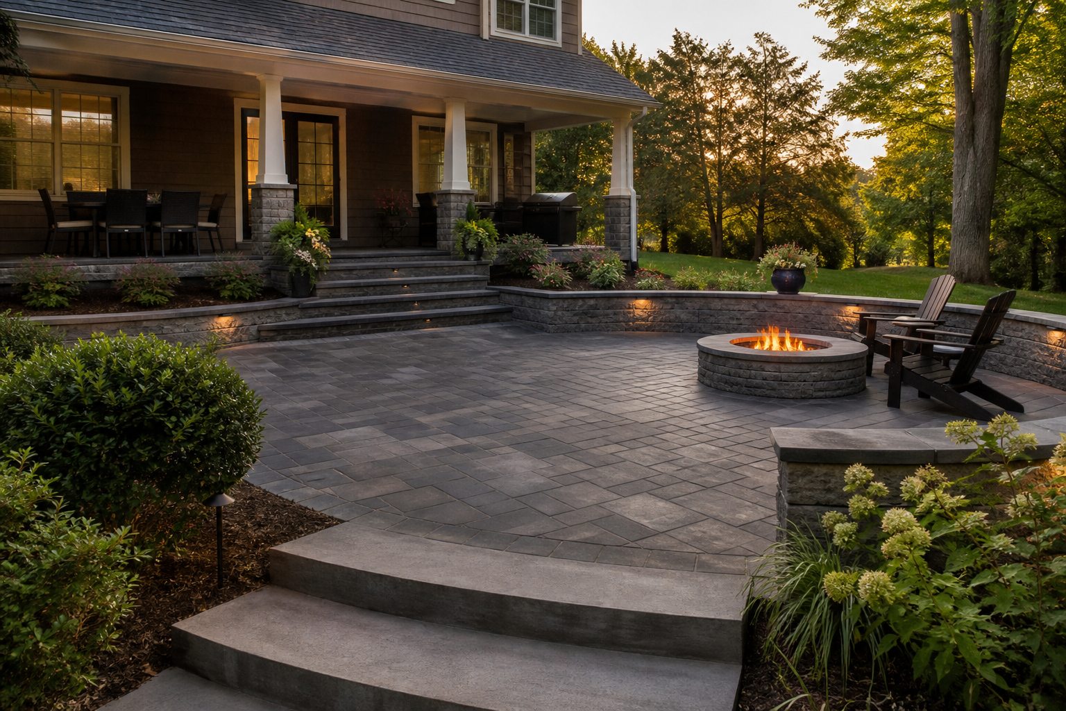 A finished backyard patio with retaining wall and fire pit
