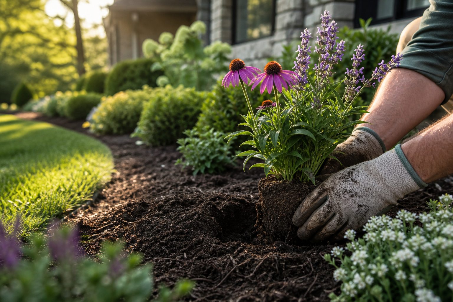 A landscaper planting flowers in a garden bed