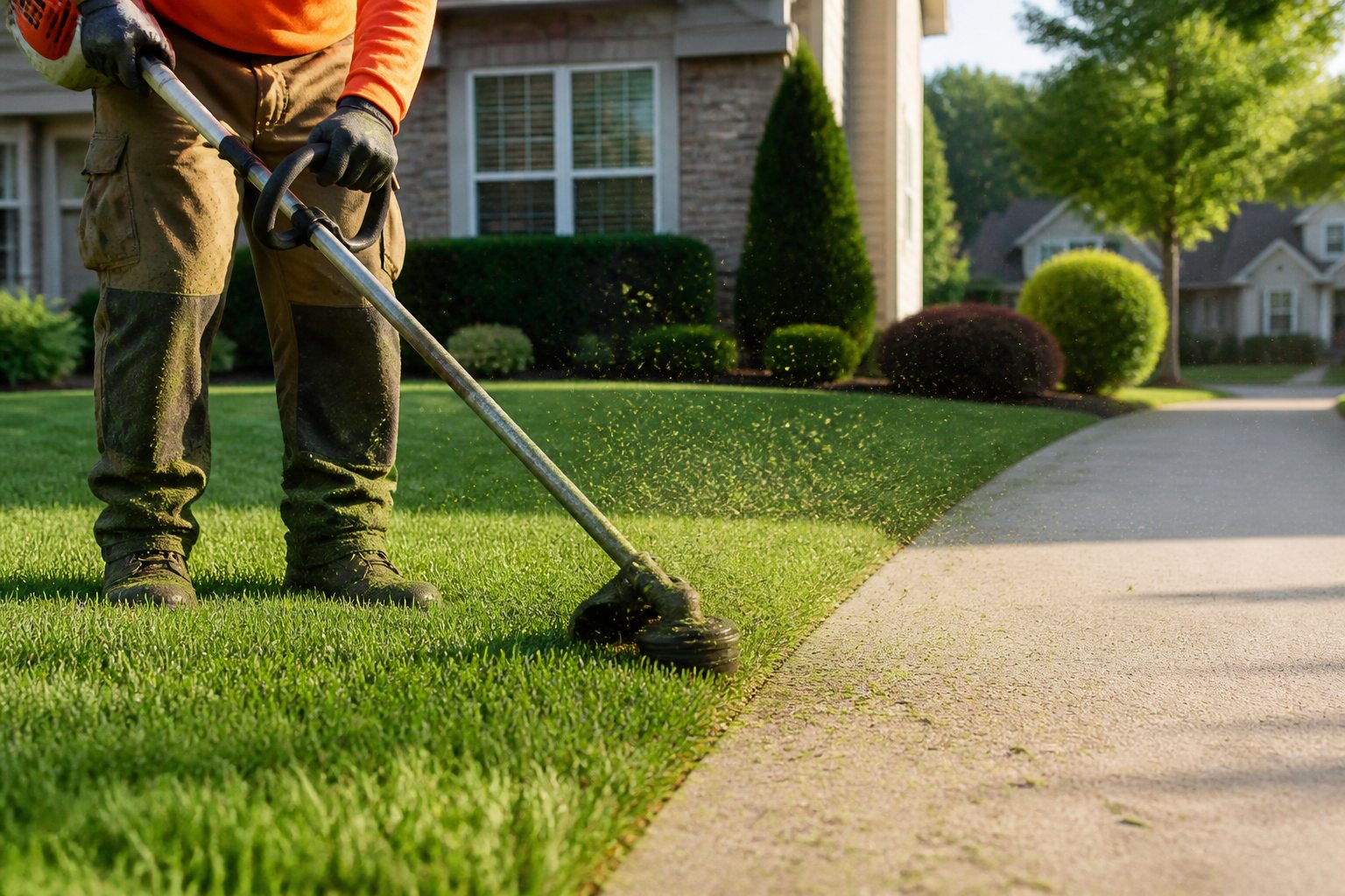 A landscaper trimming a clean lawn edge